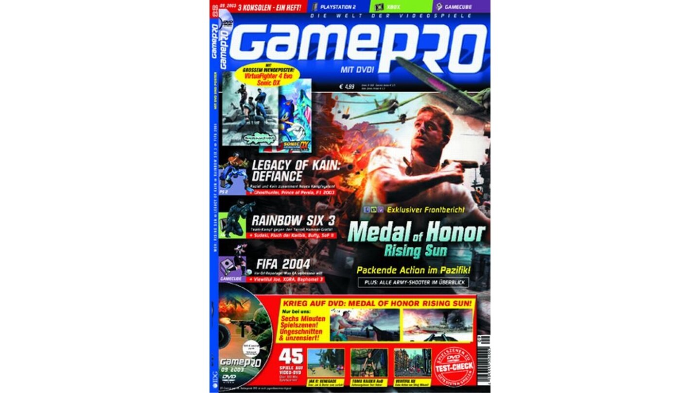 GamePro 09/2003mit Medal of Honor: Rising Sun-Titelstory und Tests zu Formel Ein 2003 und Virtua Fighter 4 Evolution. Außerdem: Previews zu FIFA 2004 und Prince of Persia: Sands of Time.