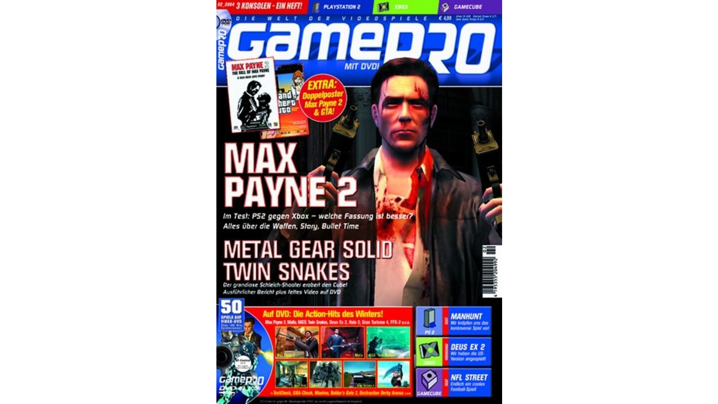 GamePro 02/2004mit Max Payne 2-Titelstory und Tests zu Mission Impossible und Terminator 3. Außerdem: Previews zu Gran Turismo 4, Mafia und Metal Gear Solid: The Twin Snakes.