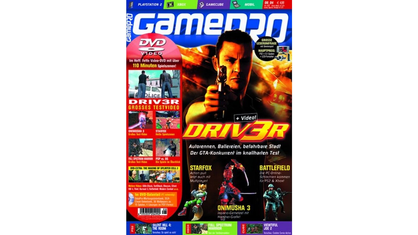 GamePro 08/2004mit Driv3r-Titelstory und Tests zu Full Spectrum Warrior, Obscure und Thief: Deadly Shadows. Außerdem: Previews zu Conker: Live & Reloaded, Forza Motorsport und Starfox.