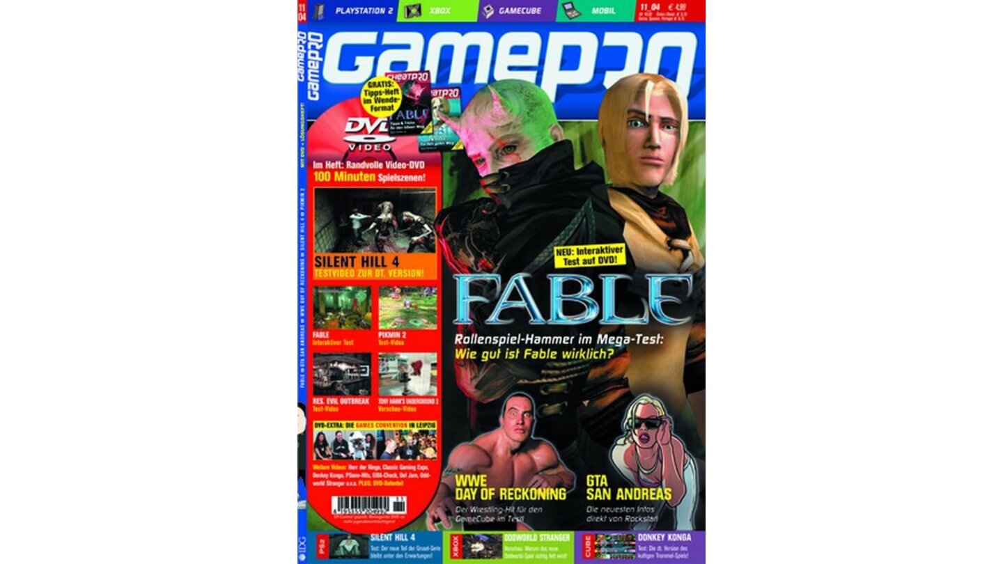 GamePro 11/2004mit Fable-Titelstory und Tests zu Donkey Konga, Pikmin 2 und Worms: Forts. Außerdem: Previews zu GTA: San Andreas und Mario Tennis.