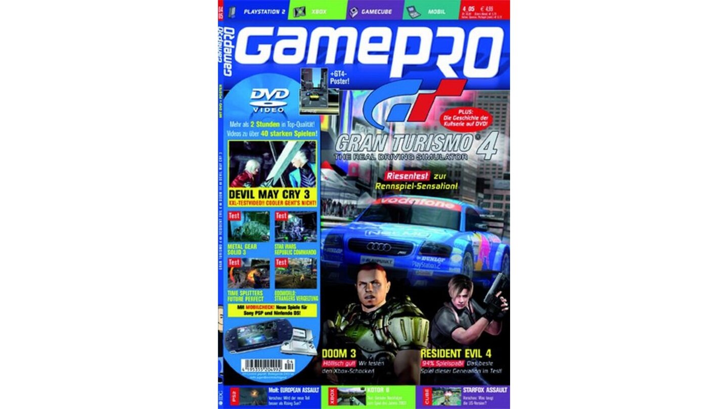 GamePro 04/2005mit Gran Turismo 4-Titelstory und Tests zu Constantine, Devil MAy Cry 3, Gran Turismo 4 und Resident Evil 4. Außerdem: Previews zu EyeToy, Midnight Club 3 und Starfox Assault.