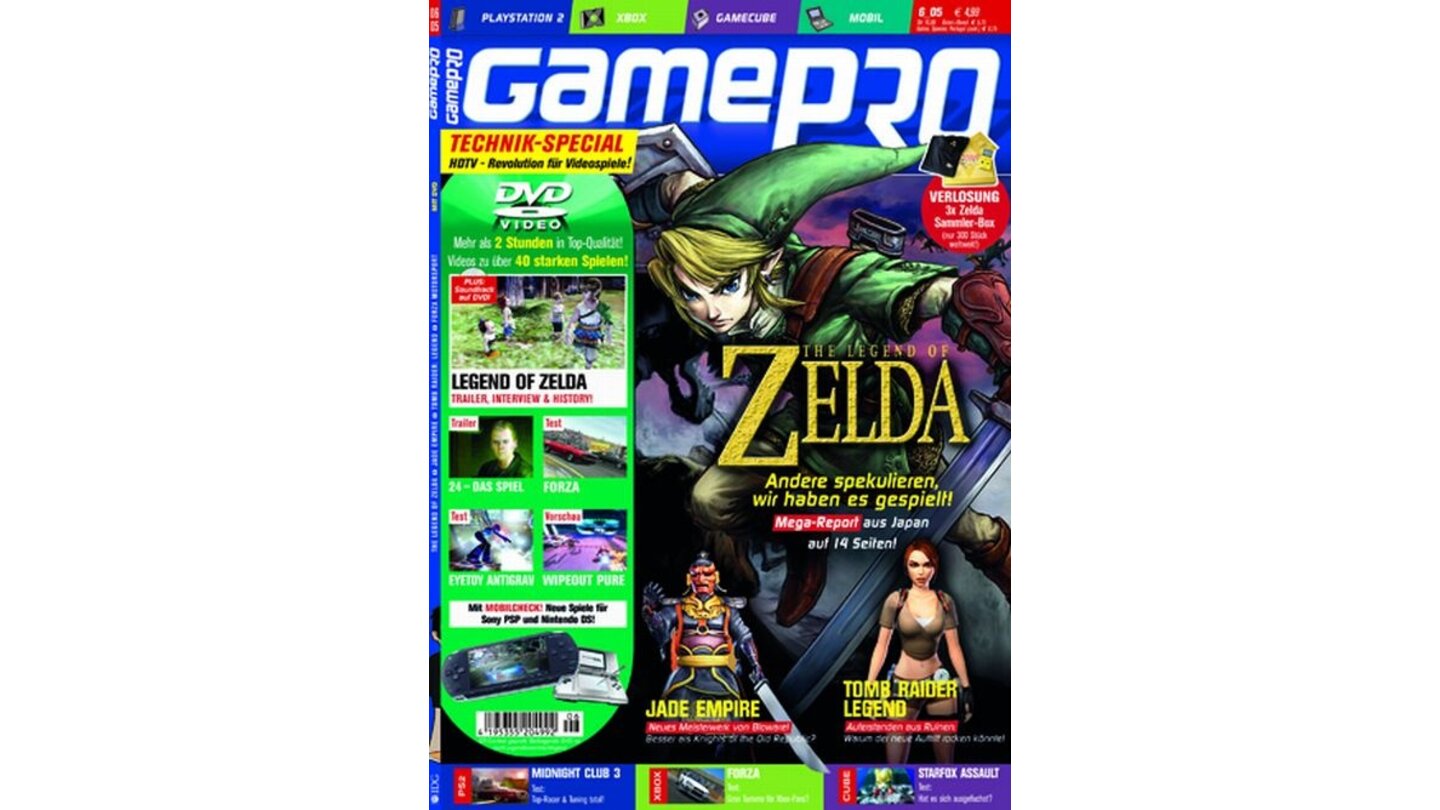 GamePro 06/2005mit Zelda-Titelstory und Tests zu Forza Motorsport, Jade Empire und Splinter Cell: Chaos Theory. Außerdem: Previews zu Twenty Four, Fahrenheit und God of War.