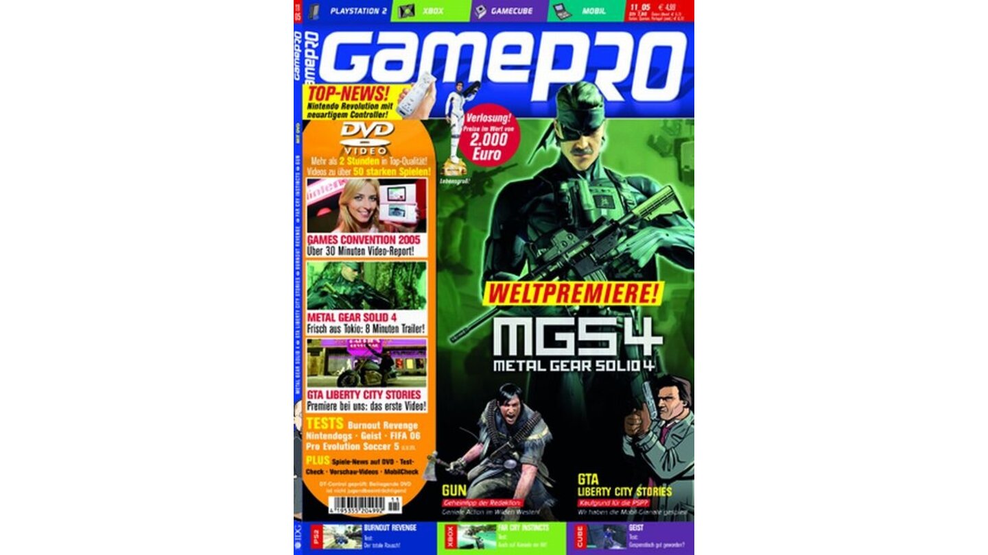GamePro 11/2005mit Metal Gear Solid-Titelstory und Tests zu Geist, Serious Sam 2 und Without Warning. Außerdem: Previews zu Black, Call of Duty 2 und Gun.