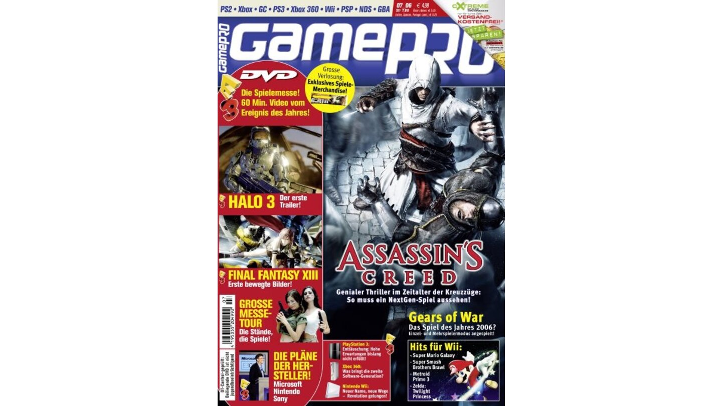 GamePro 07/2006mit Assassin's Creed-Titelstory und Tests zu Final Fantasy XI, Rockstar Tischtennis und Dr. Kawashimas Gehirn Jogging. Außerdem: Previews zu Bioshock, Gears of War, Halo 3 und Metal Gear Solid 4.