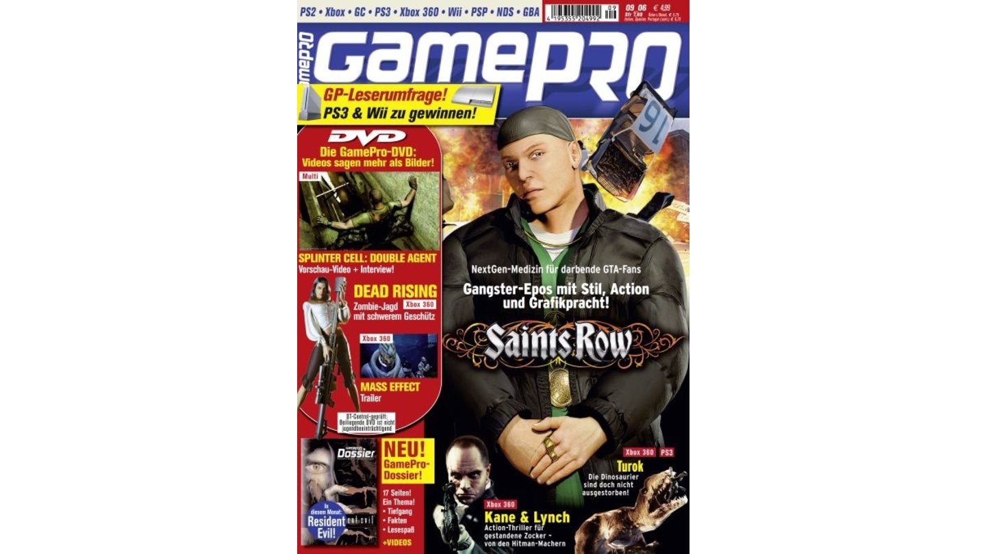 GamePro 09/2006mit Saints Row-Titelstory und Tests zu GTA Liberty City Stories und Prey. Außerdem: Previews zu Call of Duty 3, Dead Rising und Turok.
