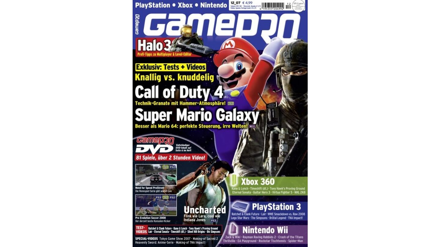 GamePro 12/2007mit Super Mario Galaxy-Titelstory und Tests zu Call of Duty 4, Guitar Hero 3 und Ratchet & Clank: Tools of Destruction. Außerdem: Previews zu Brütal Legend, Uncharted und Zack & Wiki.