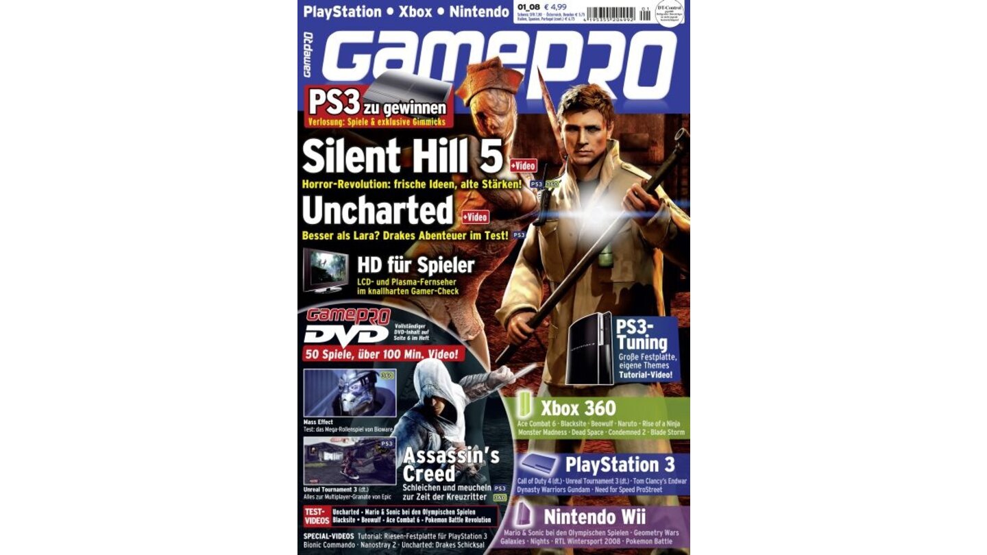 GamePro 01/2008mit Silent Hill-Titelstory und Tests zu Uncharte, Assassin's Creed und Mass Effect. Außerdem: Previews zu Endwar, Unreal Turnament 3 und Geheimakte Tunguska.