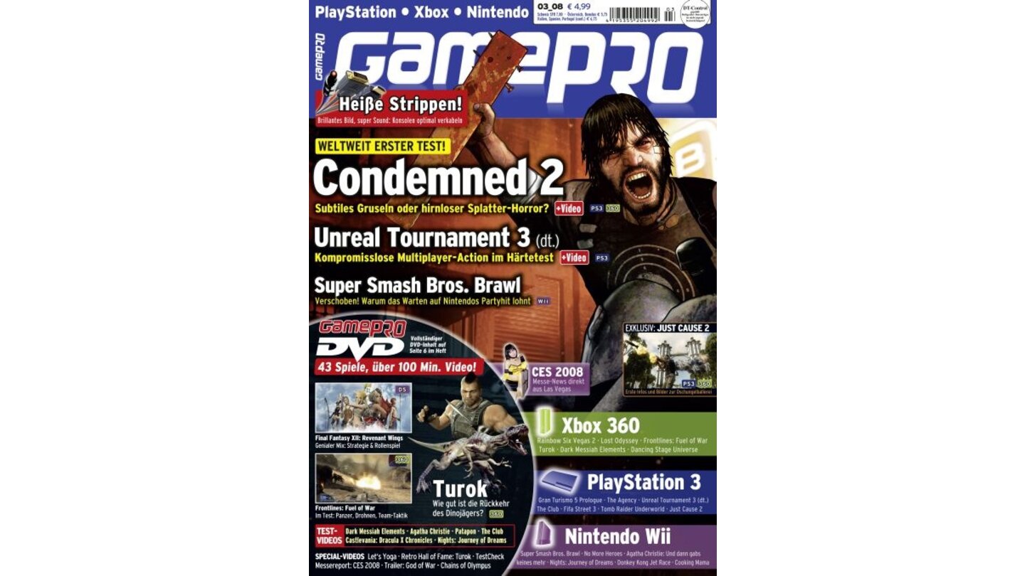 GamePro 03/2008mit Condemned 2-Titelstory und Tests zu Turok, Final Fantasy: Revenant Wings und Frontlines: Fuel of War. Außerdem: Previews zu Gran Turismo 5: Prologue, Super Smash Bros. Brawl und Lost Odyssey.