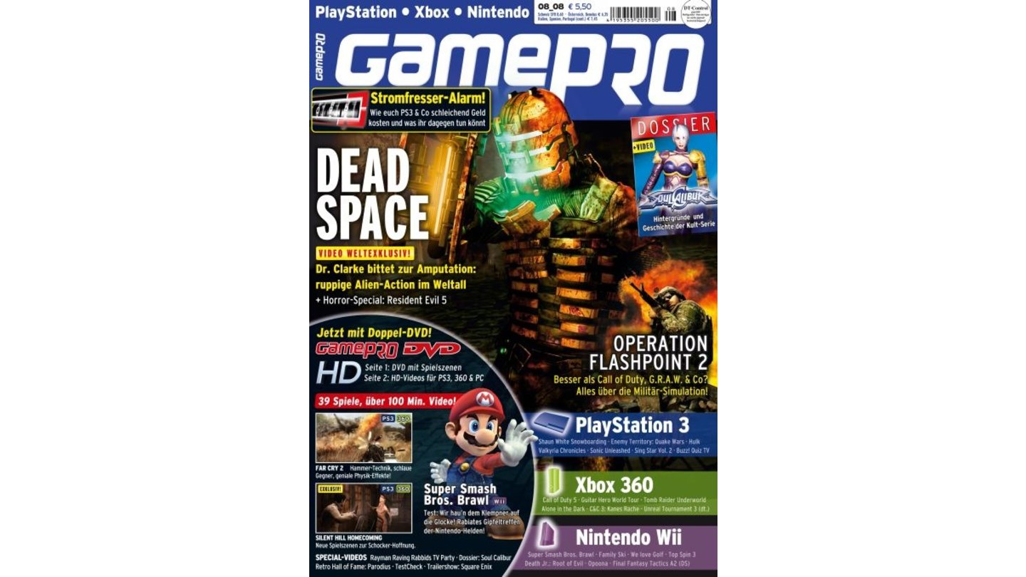 GamePro 08/2008mit Dead Space-Titelstory und Tests zu Super Smash Bros. Brawl, Alone in the Dark und Battlefield: Bad Company. Außerdem: Previews zu Resident Evil 5, Call of Duty 5 und Valkyria Chronicles.