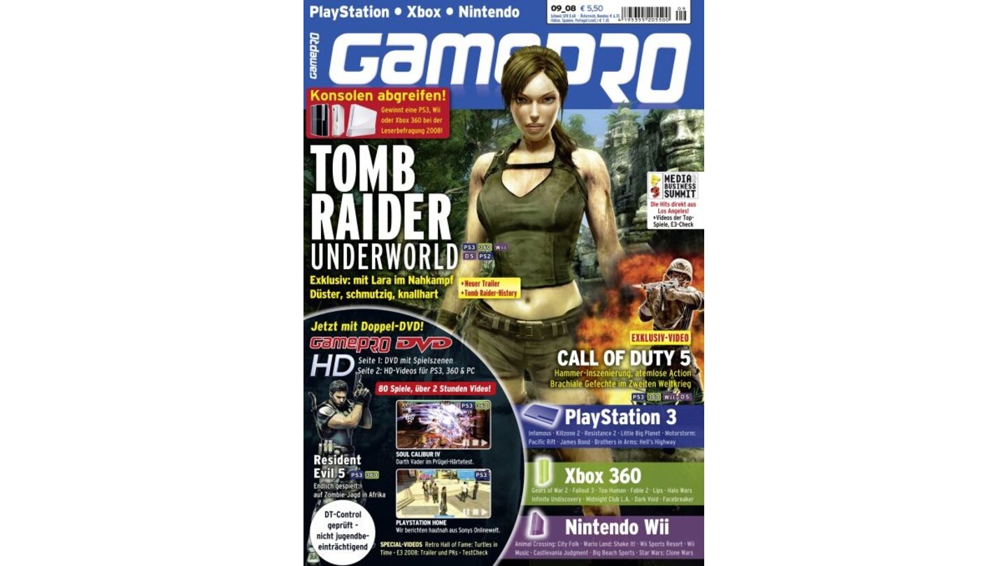 GamePro 09/2008mit Tomb Raider-Titelstory und Tests zu Ferrari Challenge, Soul Calibur IV und Top Spn 3. Außerdem: Previews zu Call of Duty 5, Gears of War 2 und Infamous.