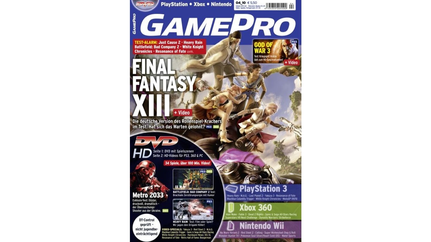 GamePro 04/2010mit Final Fantasy XIII-Titelstory und Tests zu Just Cause 2, God of War 3 und Battlefield: Bad Company 2. Außerdem: Previews zu FIFA WM 2010, Fable 3 und Red Steel 2.