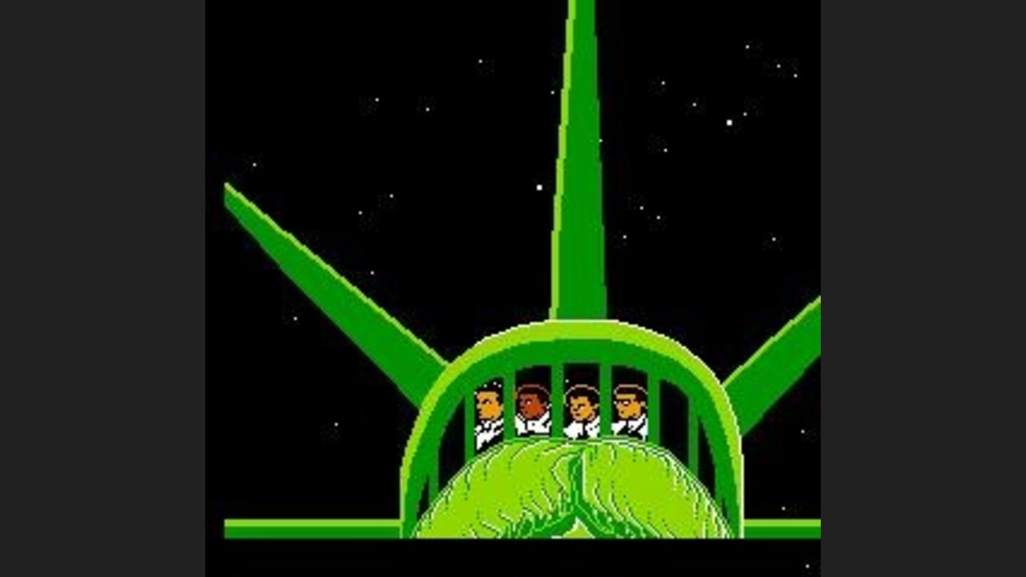 Lady Liberty gets sprayed with slime and hooked up to a joystick...