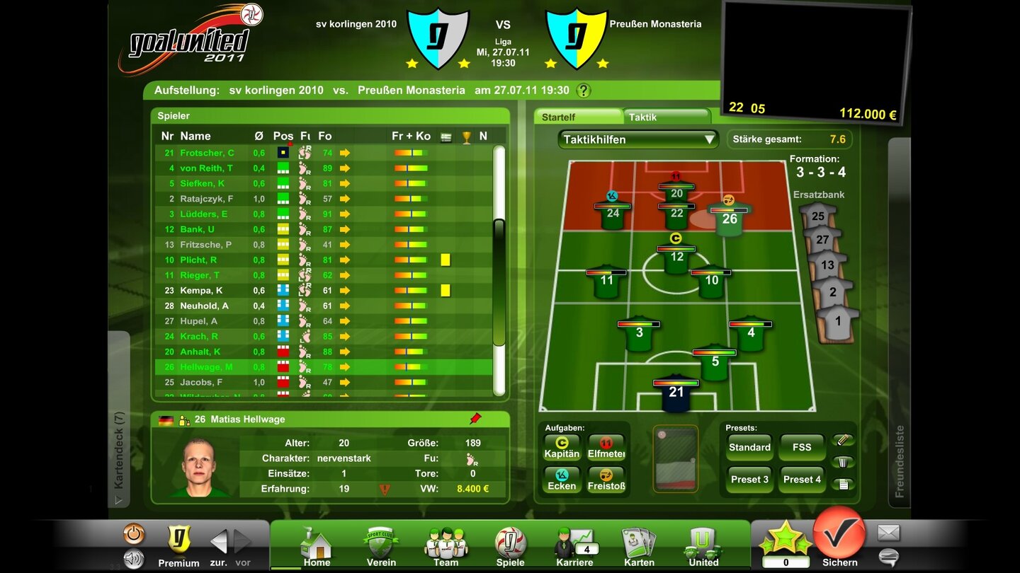 Goalunited 2011Die Mannschaft fürs nächste Match stellen Sie per Drag+Drop auf: Links Spieler wählen, rechts auf dem Feld platzieren. Wie gut sich der Mann in der zugewiesenen Position schlagen wird, verrät ein Farbbalken.