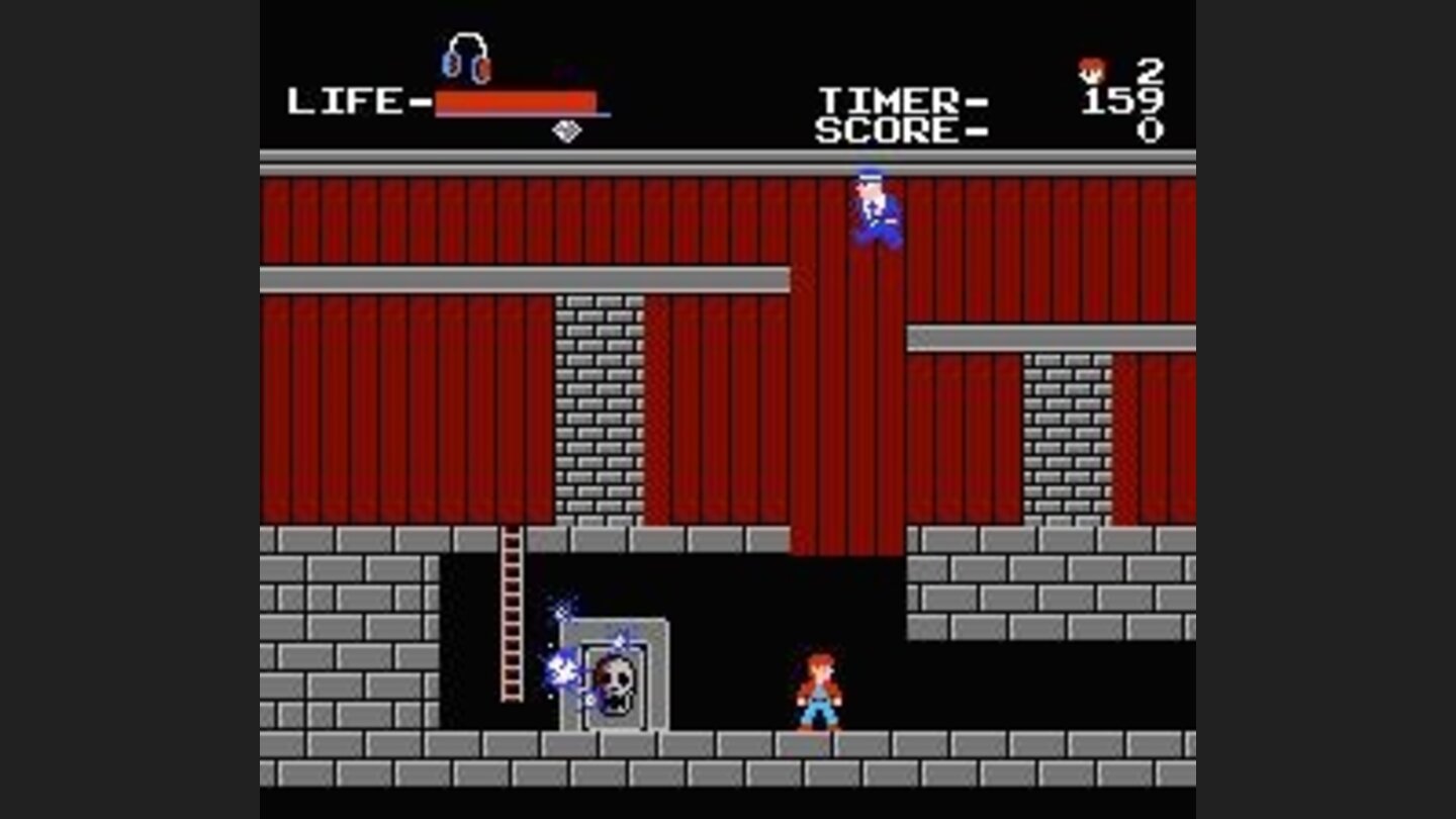 The skeleton door explodes... but watch out for the jumping gangster above