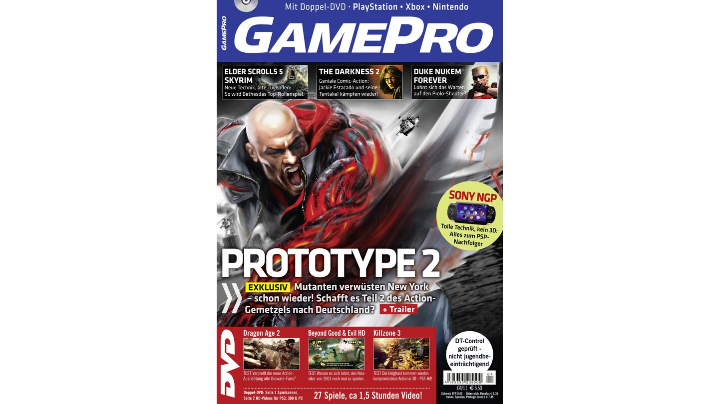 GamePro 04/2011mit Prototype 2-Titelstory und Tests zu Dragon Age 2, Beyond Good & Evil HD und Killzone 3. Außerdem: Previews zu The Elder Scrolls 5 Skyrim, The Darkness 2 und Duke Nukem Forever.
