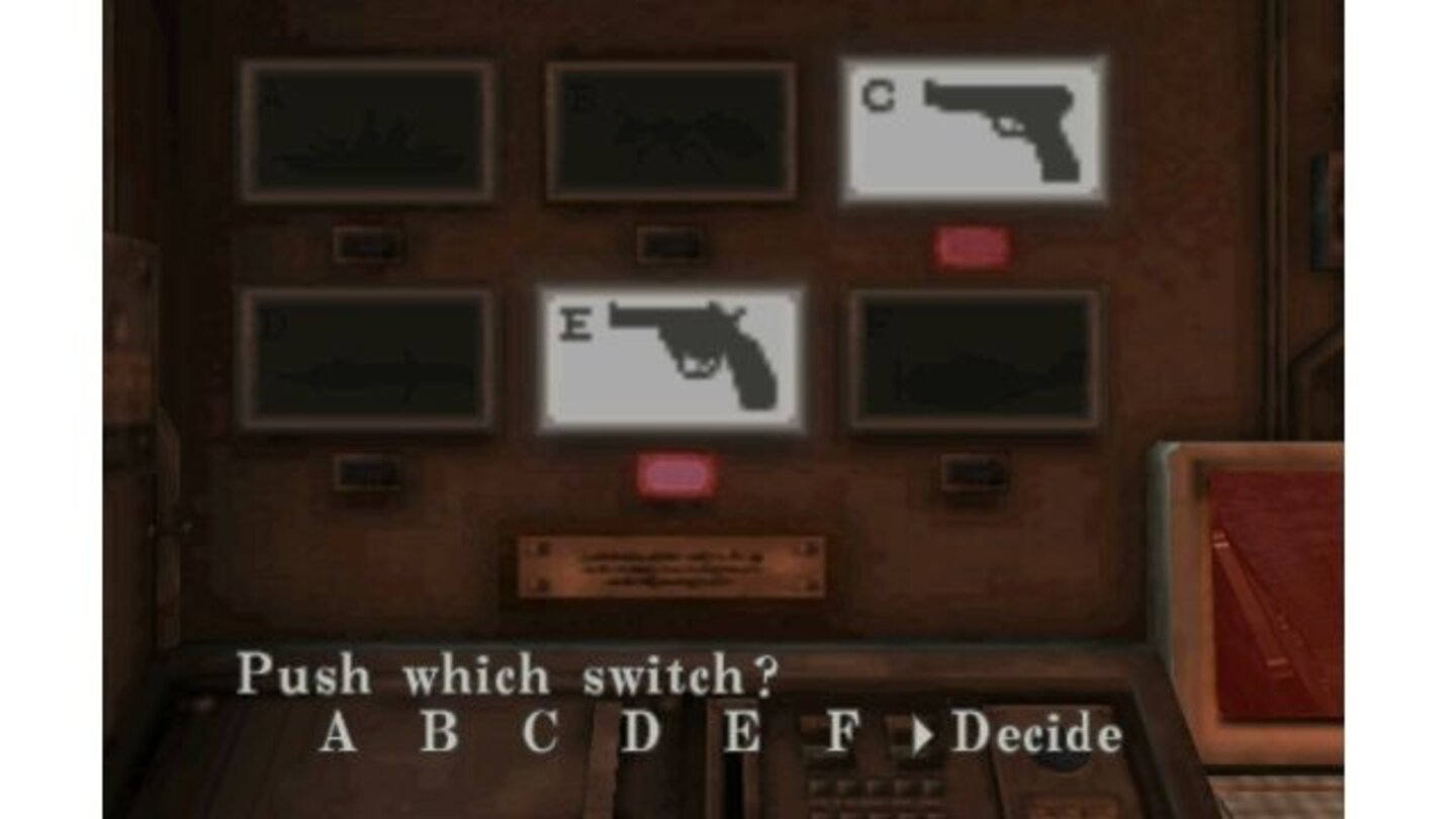 Resident Evil: Code VeronicaDieses Rätsel ist eines der leichteren in Code Veronica: Welche beiden Symbole passen wohl zusammen, wenn nicht die beiden Pistolen? Schon ist der Weg frei.