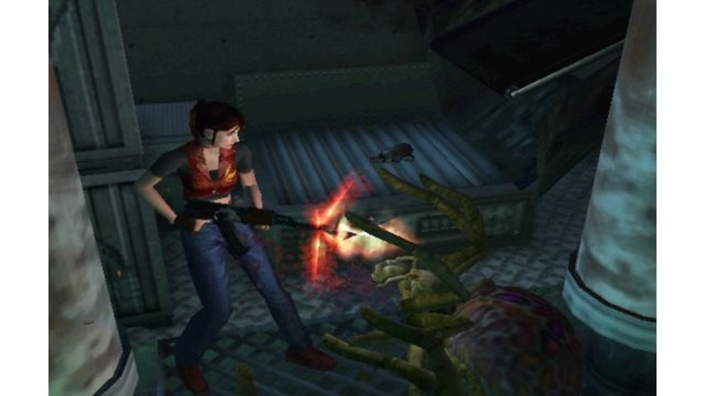 Resident Evil: Code VeronicaMutierte Spinnen gehören bei Resident Evil dazu – diese Exemplare spucken Gift quer über den Bildschirm. Mit der AK47 löchert Claire die haarigen Biester.