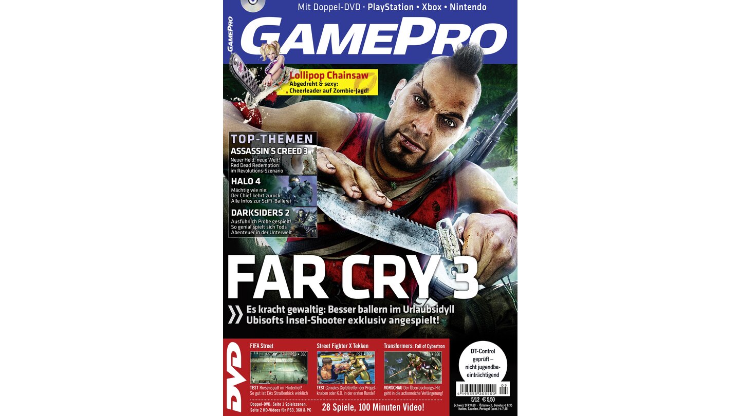 GamePro 05/2012mit Far Cry 3-Titelstory und Tests zu FIFA Street, Street Fighter X Tekken und Pandoras Tower. Außerdem: Previews zu Transformers Fall of Cybertron, Halo 4 und Max Payne 3.