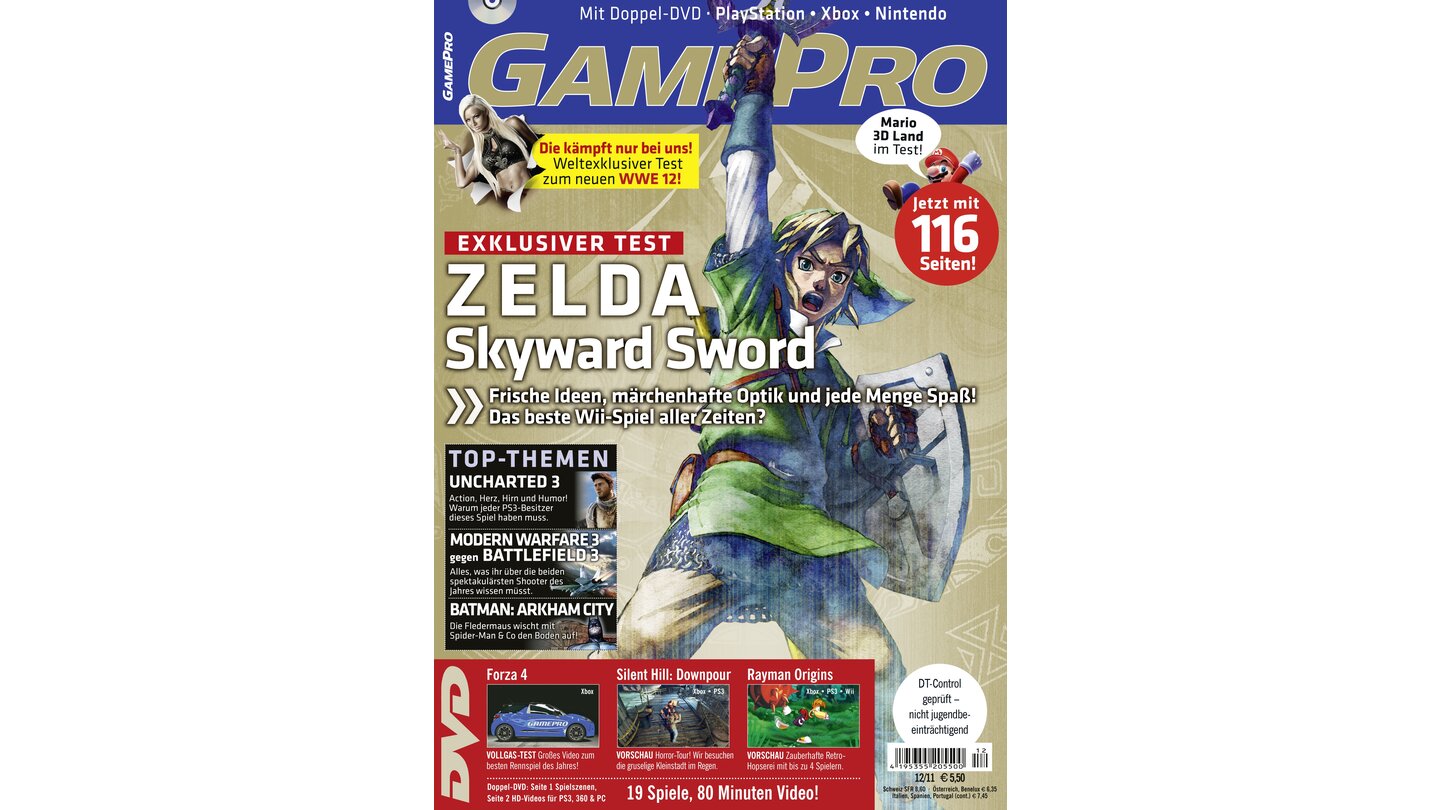 GamePro 12/2011mit The Legend of Zelda: Skyward Sword-Titelstory und Tests zu Batman:Arkham City, Super Mario 3D Land und Rage. Außerdem: Previews zu Final Fantasy XIII-2, Max Payne 3 und Rayman Origins.