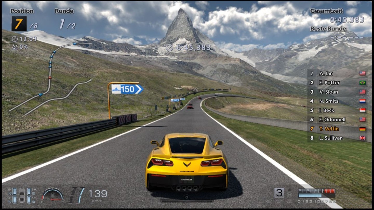 Gran Turismo 6Viele fiktive Strecken sind an Originalschauplätze angelehnt. Hier rasen wir über eine Bergstraße in der Nähe des Matterhorns.