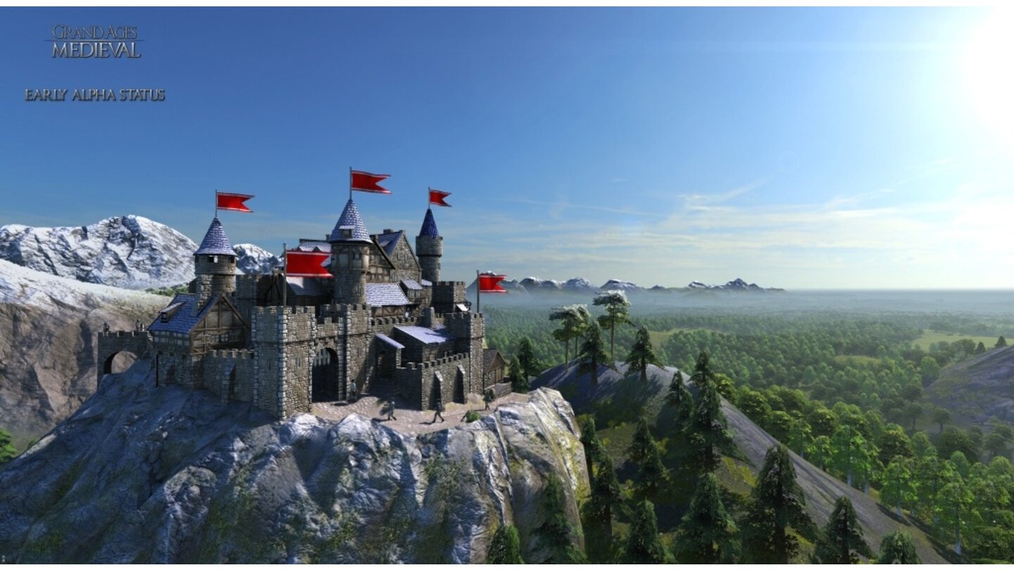 Grand Ages: MedievalUnentdeckte Gebiete liegen im Nebel des Krieges – von den Burgzinnen sieht das sogar sehr atmosphärisch aus.