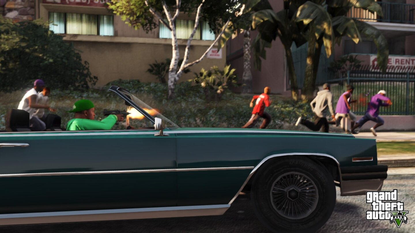 Die SpielweltDie Hoods: Franklin treibt sich genau wie Hauptfigur CJ aus GTA: San Andreas in verarmten Vororten herum, in denen Straßenschlachten zwischen den verschiedenen Gangs zum Alltag gehören.