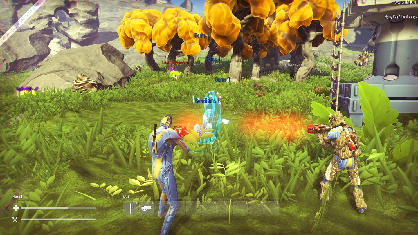 Grav
Das Zusammenspiel mit Anderen ist derzeit noch etwas unbequem. Zwar sind die meisten Spieler kooperativ, die Teambildung funktioniert jedoch aktuell nur mittels Konsolenbefehl.