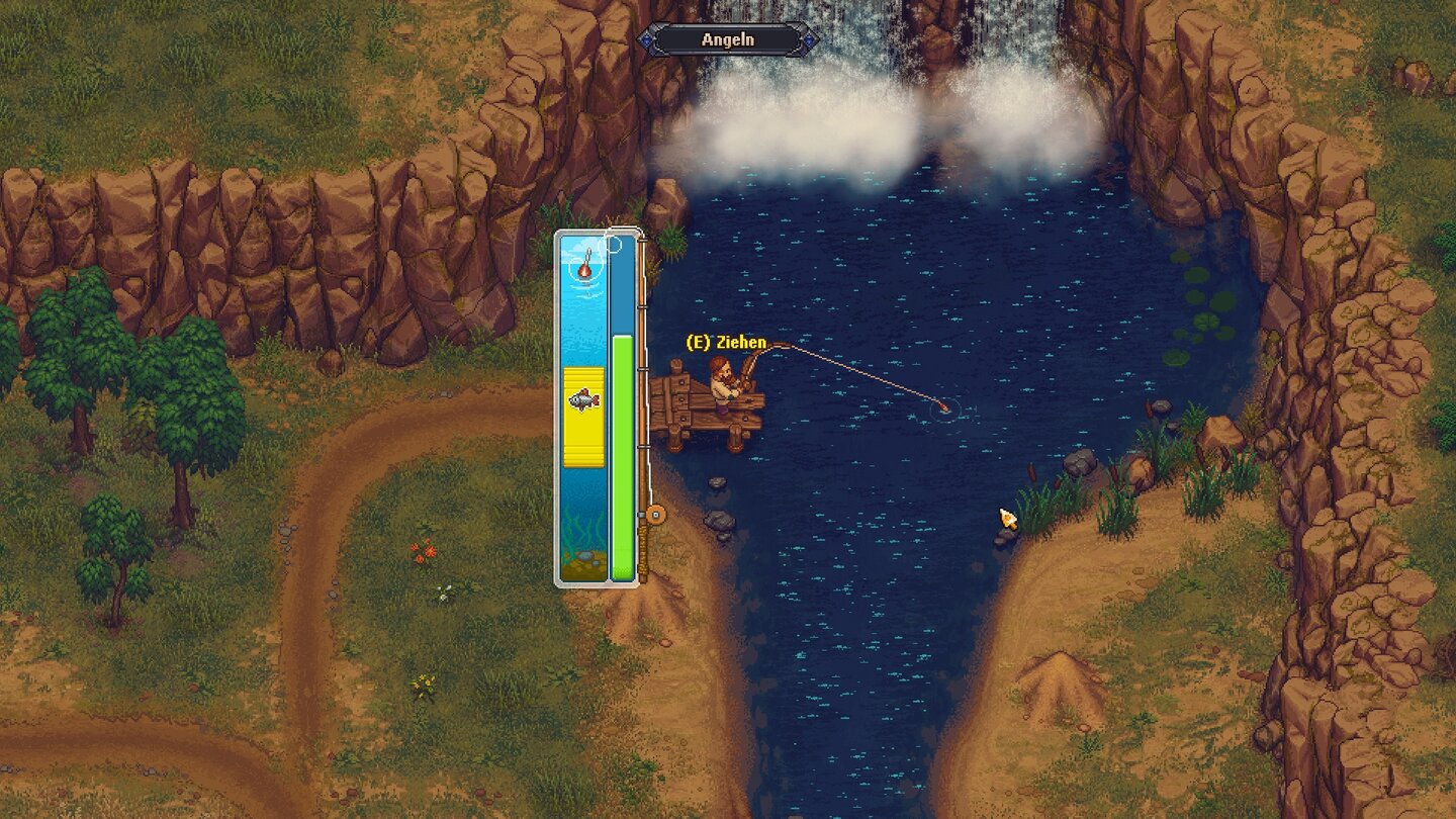 Graveyard KeeperFische zieht ihr in einem Minigame aus dem Wasser.
