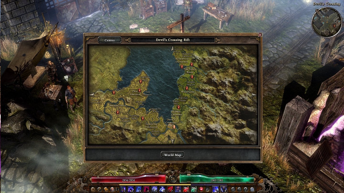 Grim Dawn - Screenshots aus Akt 2Auch der zweite Akt spielt in der Region rund um die Zuflucht Devil’s Crossing, die neuen Gebiete sind links auf der Karte verzeichnet.
