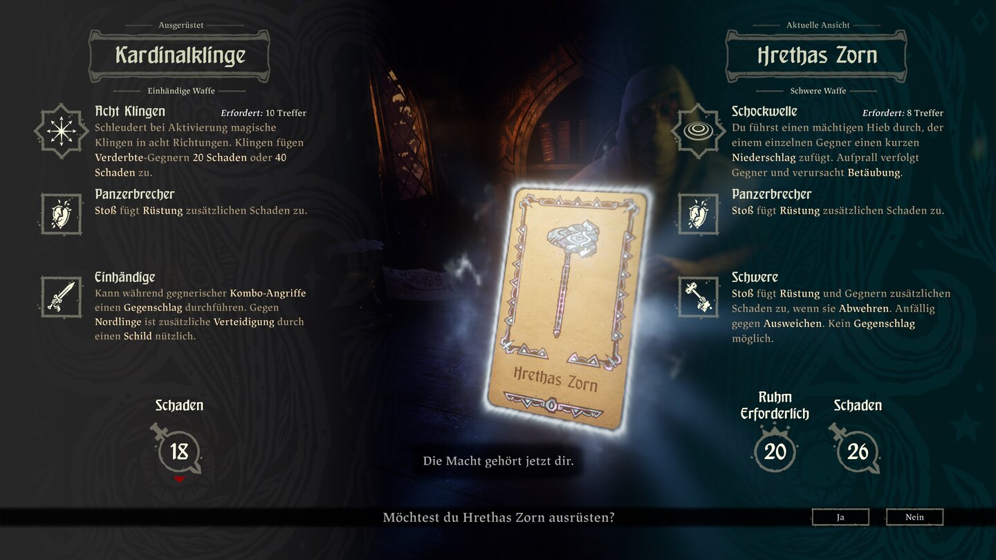 Hand of Fate 2Belohnungen warten oft nach einem Kampf: Hier finden wir eine enorm mächtige Waffe, die wir erst mit Ruhm aufladen müssen, bevor wir sie schwingen dürfen.