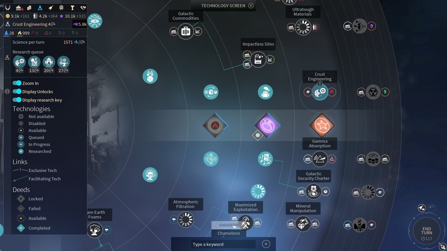 Endless Space 2Ein Viertel des Technologie-Rads: Aufgeteilt in Wirtschaft, Wissenschaft, Entwicklung und Militär finden wir hier alle wichtigen Forschungen.