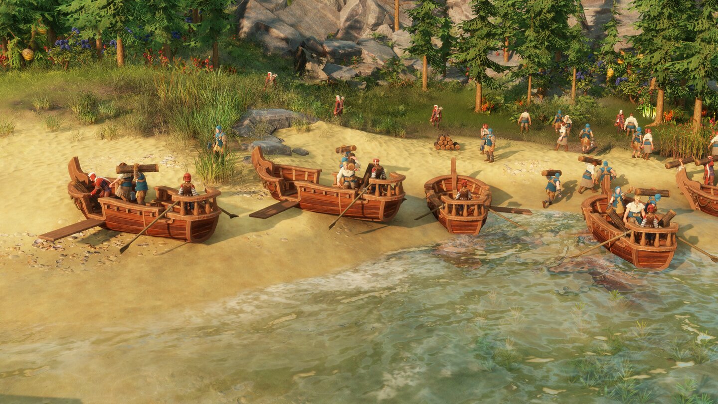 Zu Beginn jeder Partie treffen die Siedler in Ruderbooten ein, ihr Rathaus müssen sie erst noch bauen.