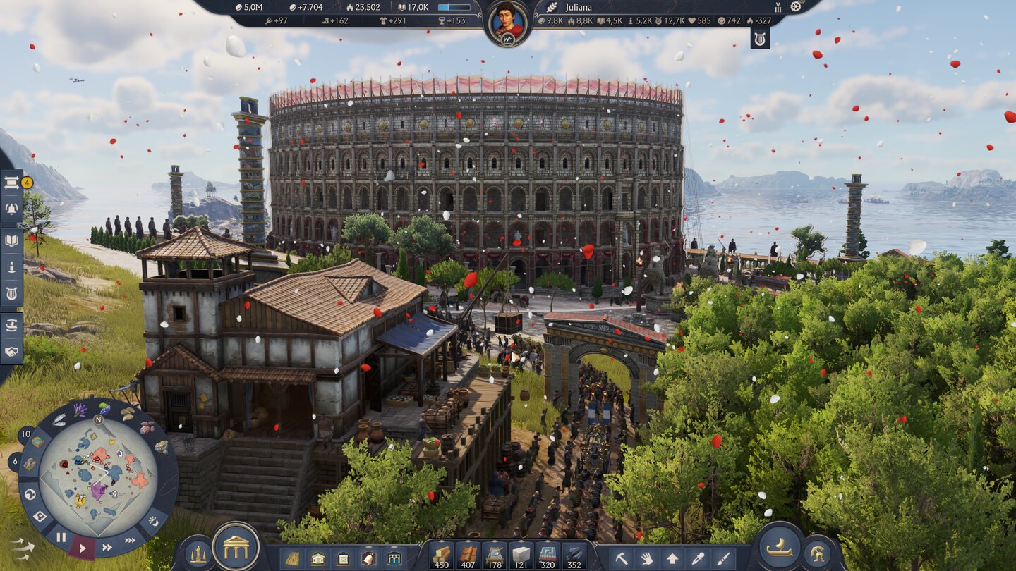 Immer wieder sorgen ausreichend Versorgung und Glaube an einen Gott für Feste und Paraden. Auch die Eröffnung des Amphitheaters wird gefeiert.