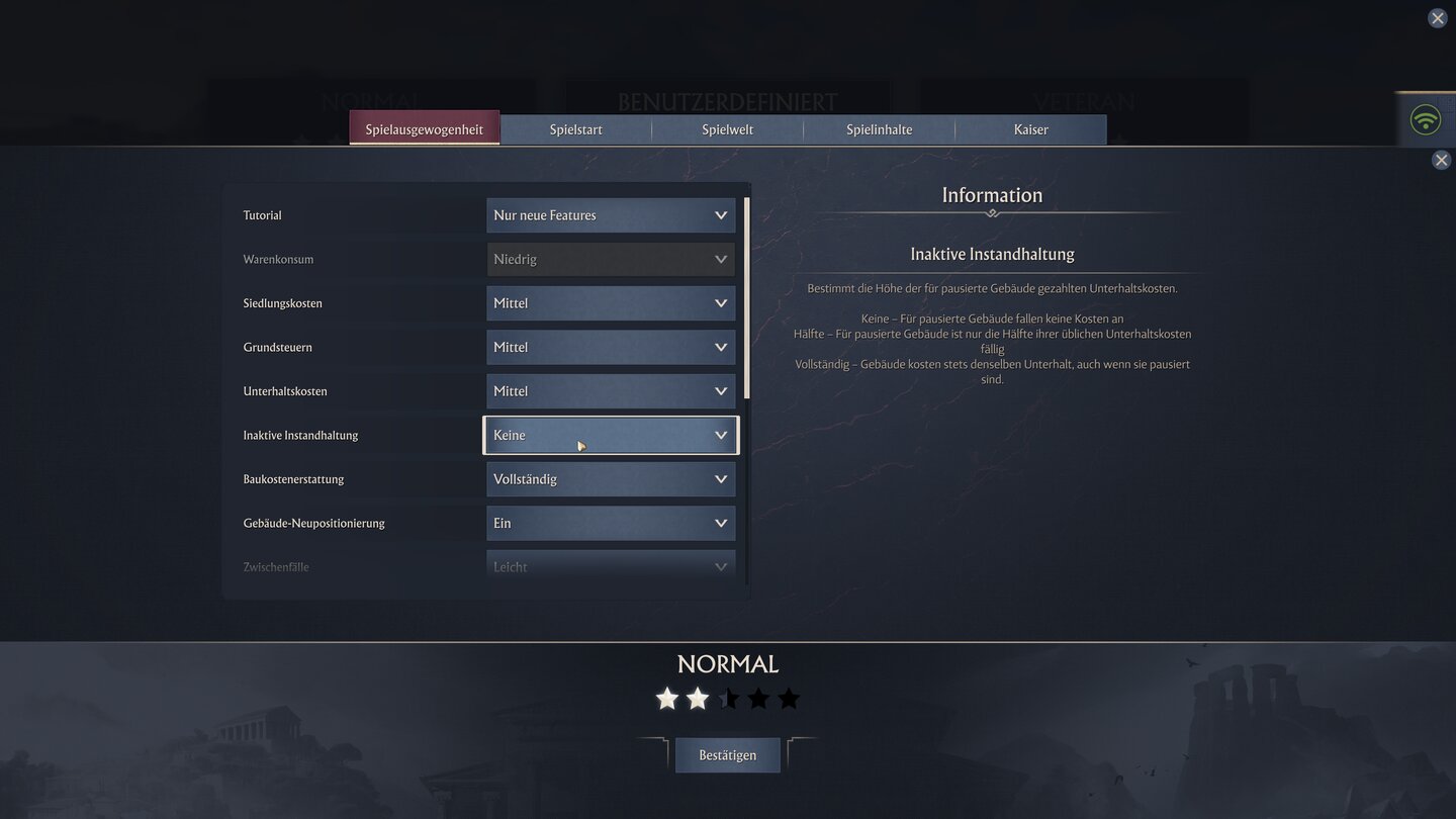 In Anno 117 kann ich auch abseits der Stärke von KI-Gegnern detailliert den Schwierigkeitsgrad festlegen. Normalerweise spielt es sich recht leicht, aber das lässt sich ändern.