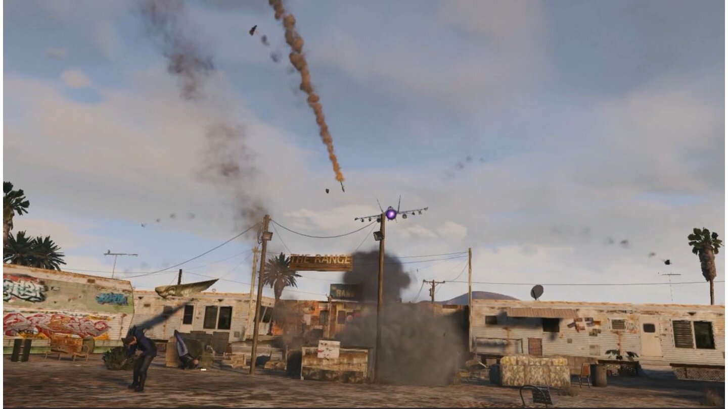 GTA 5Airstrike-Markierungen - Eine eindeutige Markierung hilft ab sofort dabei, Luftschläge kontrollierter einzusätzen. Bei einem roten Signal wird es Zeit, die Ladung abzufeuern.