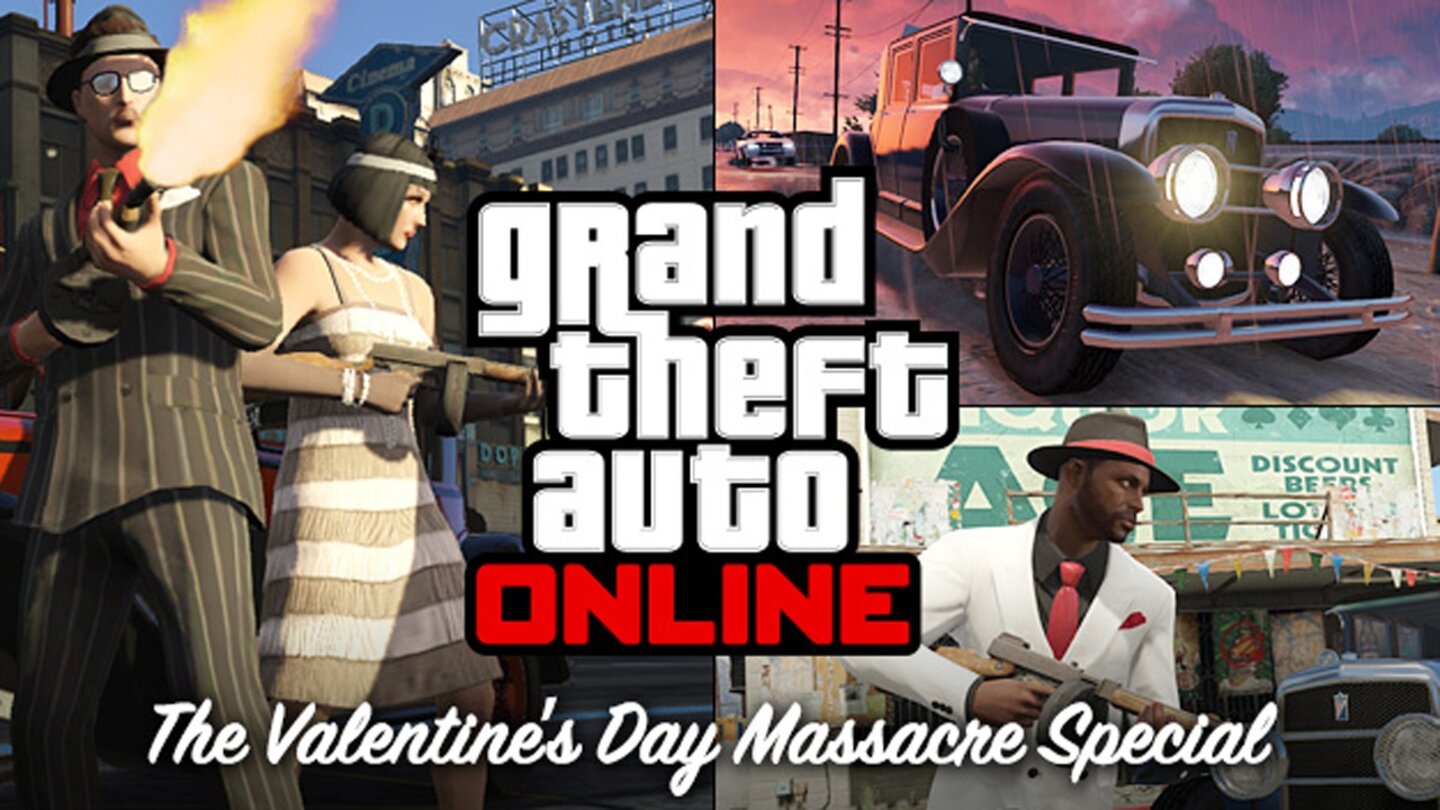 Valentine‘s Day Massacre Special
Ursprünglich im Februar 2013 erschienen, ergänzte das DLC-Paket GTA Online um eine Thompson-ähnliche Maschinenpistole, ein Fahrzeug im Stile der 20er-Jahre, mehrere neue Jobs und elegante Kleidung, sowie T-Shirts mit Valentinstag-Motiven.