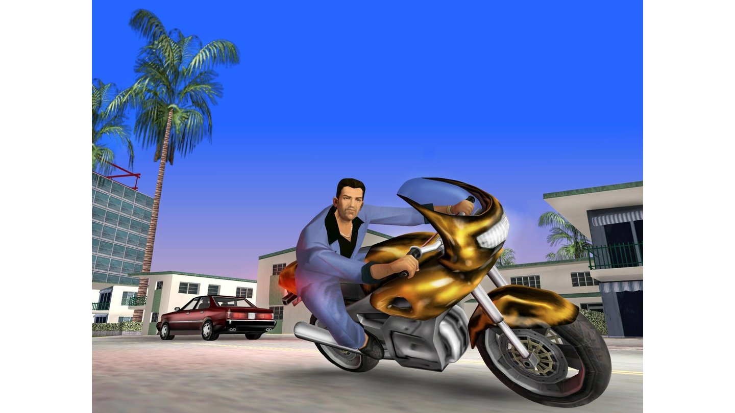GTA: Vice City (2002)
Der fünfte Teil der GTA-Serie, Vice City, wird 2002 für den PC, die Playstation 2 und die Xbox veröffentlicht. Die Handlung gleicht in großen Teilen der des Films Scarface mit Al Pacino und dreht sich um den Verbrecher Tommy Vercetti, der von seinem Boss nach Vice City geschickt wird und nach und nach die Unterwelt der gesamten Stadt übernimmt. Obwohl das Spielprinzip sich nicht wesentlich von GTA III unterscheidet, gibt es einige Neuerungen – wir können Flugzeuge und Helikopter steuern und überall in der Stadt Häuser kaufen, die als Speicherpunkte dienen und Einnahmen erzeugen (Filmstudio, Clubs).