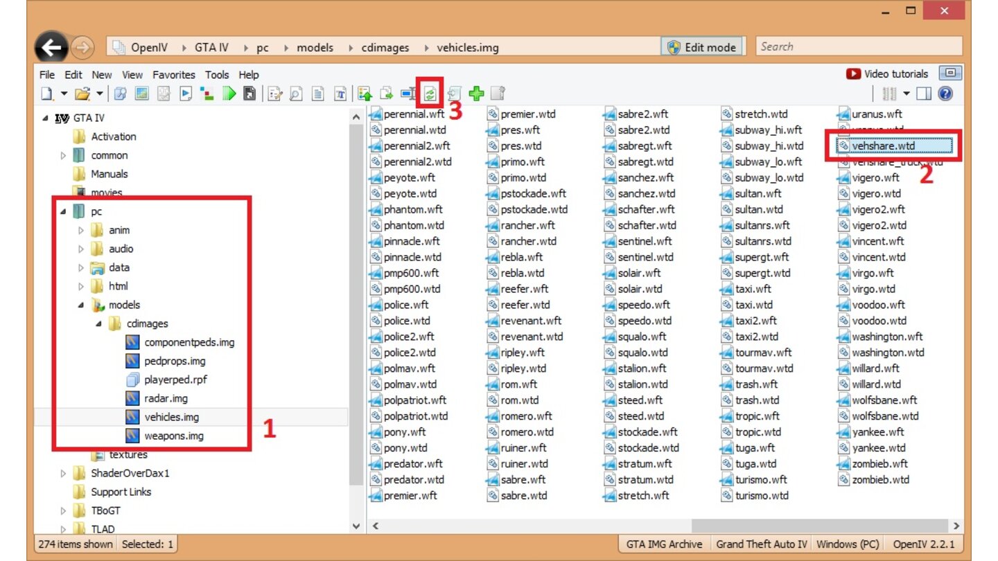 GTA 4 Mod-Anleitung Schritt 14Links in der Navigationsleiste öffnen wir »...pcmodelscdimages« (1). Dort führen wir im linken Fensten einen Doppelklick auf die »vehicles.img« aus. Der Inhalt der Image-Datei wird nun angezeigt. Nun suchen wir hier nach der Datei »vehshare.wtd« und markieren sie (2). Neben der Suchleiste aktivieren wir den »Edit Mode« und klicken auf den »Replace«-Knopf (3). Im »Öffnen«-Fenster navigieren wir in den »HQ Metallic Paint« Mod-Ordner, wählen dort die »vehshare.wtd« und klicken auf öffnen. Dadurch wird die alte Datei durch die neue ersetzt. Alle Mods aus dem Video sind nun installiert. Viel Spaß beim ausprobieren!