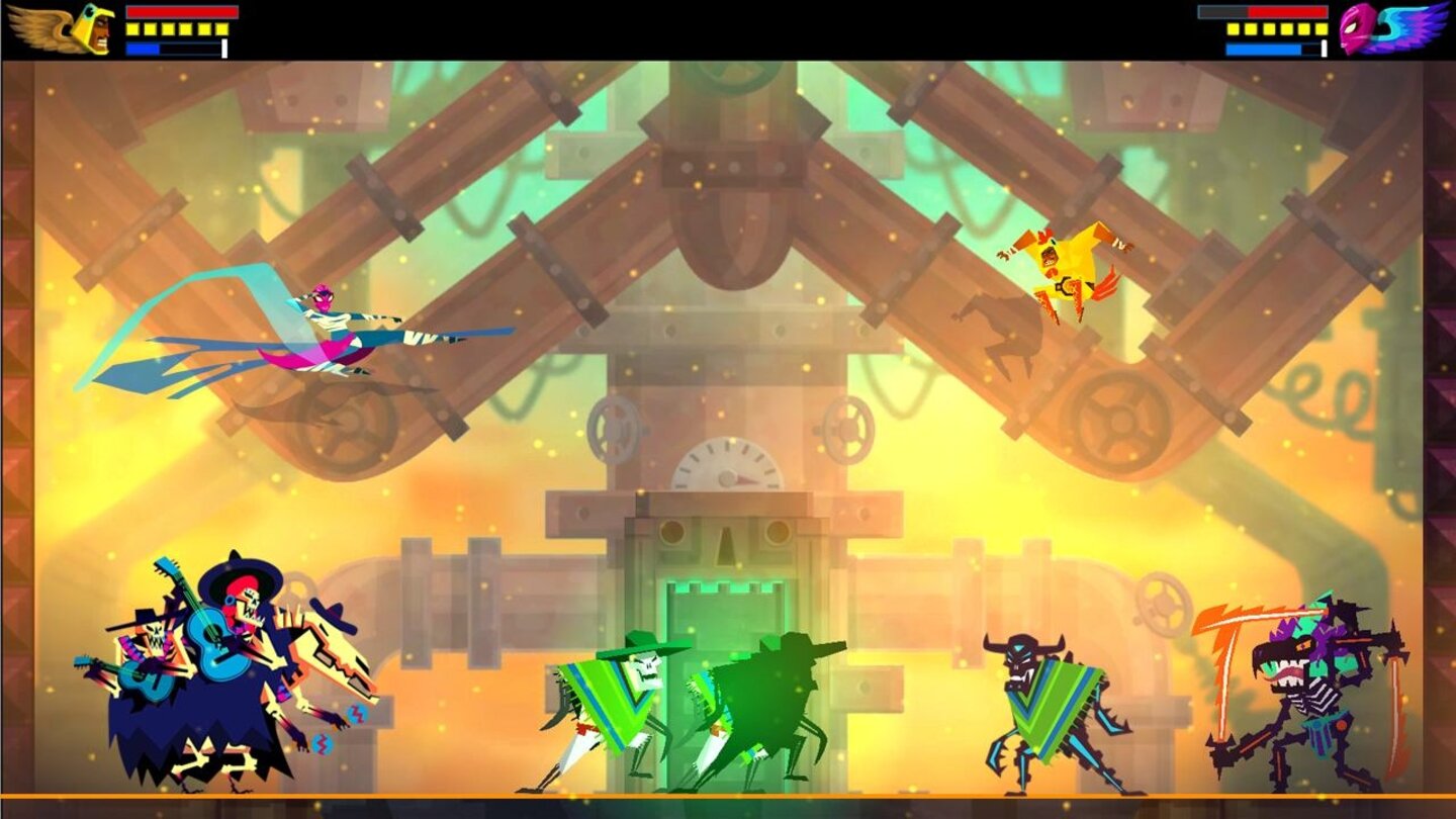 Guacamelee! Super Turbo Championship EditionMit den im Spiel gesammelten Silbermünzen können wir Kostüme wie etwa dieses Hahn-Outfit freischalten.