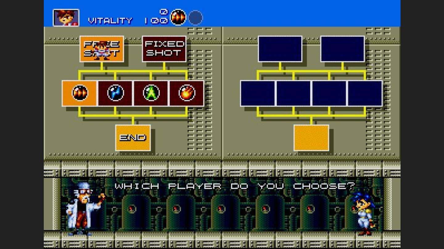 Select which Gunstar Hero you want to be; Free Shot (Gunstar Red) can run while firing; Fixed Shot (Gunstar Blue) cant move while firing, but can fire in 8 directions!