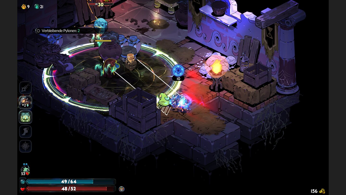 Weil ihr diesmal eine Hexe spielt, verfügt ihr neben Waffen auch über magische Talente, die Mana verbrauchen.