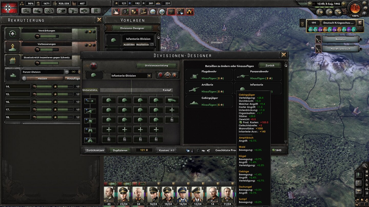 Hearts of Iron 4Im Kampf sammeln wir Armeetradition. Mit dieser können wir die Divisionen mit zusätzlichen Einheiten aufstocken, um deren Kampfstärke zu erhöhen. Dabei können wir einer Infanteriedivision auch durchaus Fahrzeuge zuweisen.