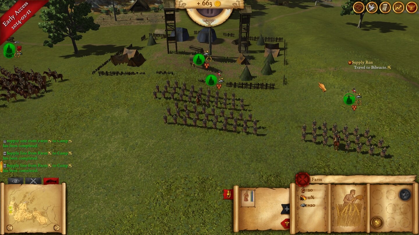 Hegemony Rome: The Rise of CaesarMit viel Mühe haben wir unsere Legionen vor einem von uns errichteten Fort aufgestellt und waren ab, dass genug Nahrungs-Nachschub herangekarrt wird, bevor wir dem nächsten rebellischen Stamm das Fell über die Ohren ziehen.