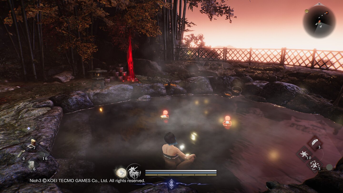 Nioh 3: Wohlverdiente Pausen verbringen wir in heißen Quellen.