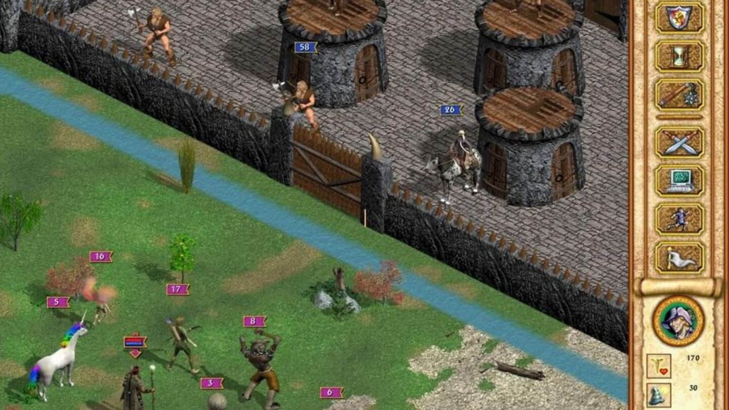 Heroes of Might and Magic 4 (2002)In den Kämpfen mischen Helden jetzt als eigene Figur auf dem Schlachtfeld mit. Das schmeißt die Balance allerdings schnell über den Haufen, denn schon ein einziger gut hochgelevelter Held kann es locker mit wahren Monsterhorden aufnehmen, mehrere Helden erst recht. Lustig: Schützen können auch eigene Einheiten treffen, wenn die doof in der Schusslinie stehen.