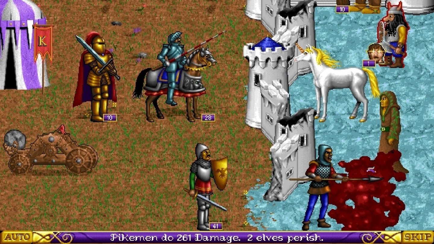 Heroes of Might + Magic (1995)Rollenspiel-Serie Might + Magic biegt ins Strategielager ab: Durch Eroberungen und Bauaktivitäten wächst die Auswahl an Truppentypen, mit denen wir taktische Rundenkämpfe bestreiten.
