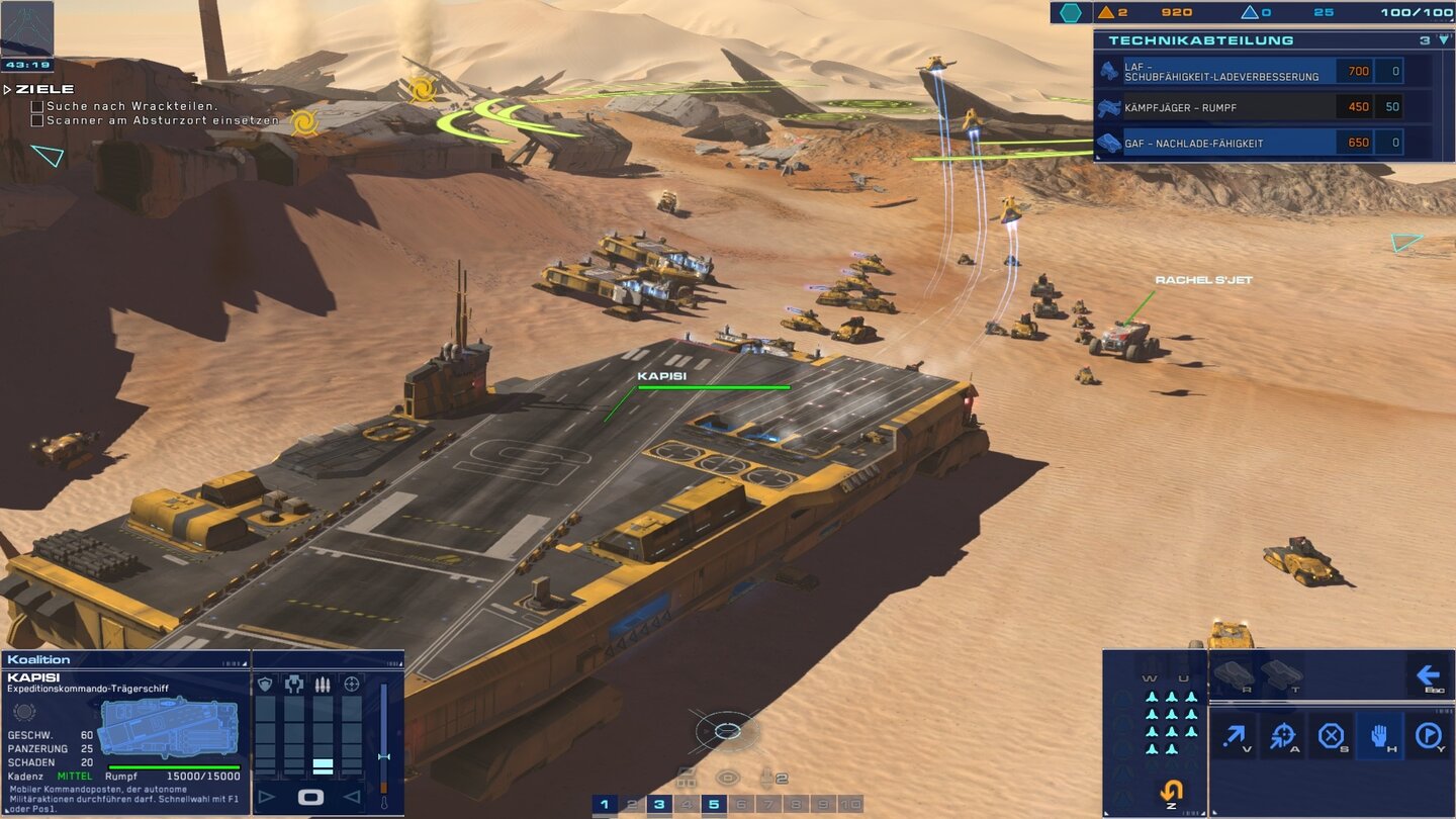 Homeworld: Deserts of KharakDie Kapisi ist quasi der Kampfstern Galactica von Deserts of Kharak. Hier starten nicht nur Jagdbomber – wir forschen und produzieren, upgraden und reparieren Einheiten. Im Kampagnenverlauf wird der Träger außerdem immer schlagkräftiger.