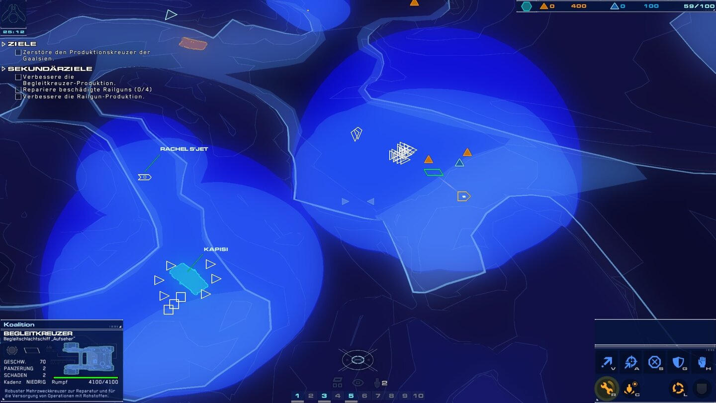 Homeworld: Deserts of KharakImmer wieder wechseln wir in diese strategische Übersicht, denn nur hier behalten wir die komplette Map im Auge. Da wir auch Befehle erteilen können, lässt sich das neue Homeworld theoretisch komplett hier spielen.