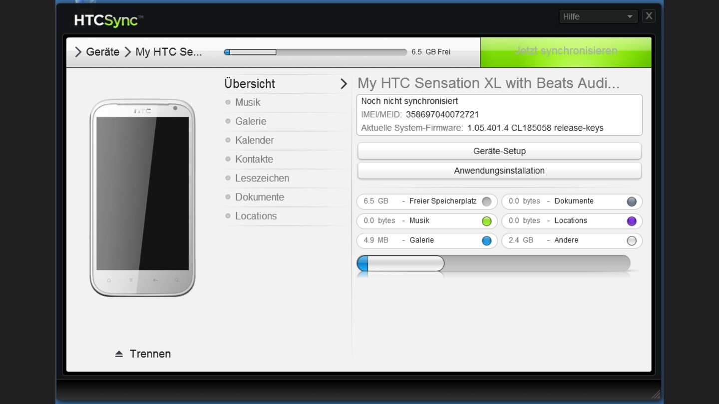 HTC Sync präsentiert übersichtlich alle Fakten zum Smartphone. So sehen Sie auf einen Blick, wie viel Speicherplatz noch frei oder wie groß die Musiksammlung.