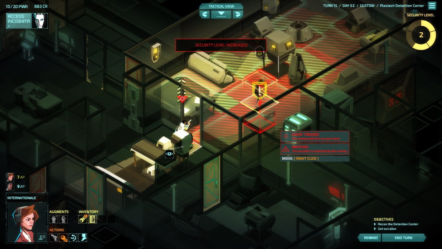 Invisible, Inc.Passiert unausweichlich: Eine Wache hat uns entdeckt und setzt zum tödlichen Schuss an. Wir dürfen aber noch eine Aktion als Rettung ausführen.